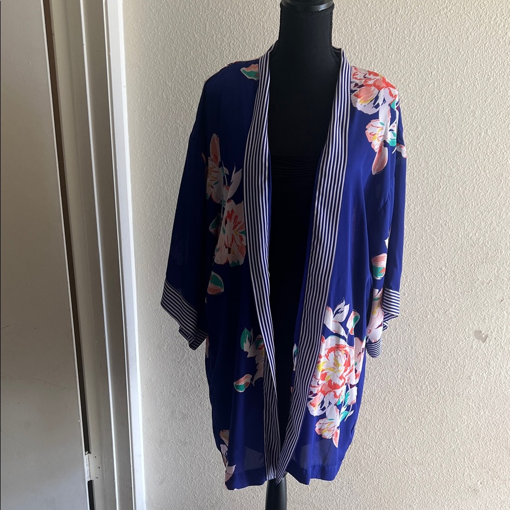 a new day Floral Kimono Robe - Navy with Pink and White Accents